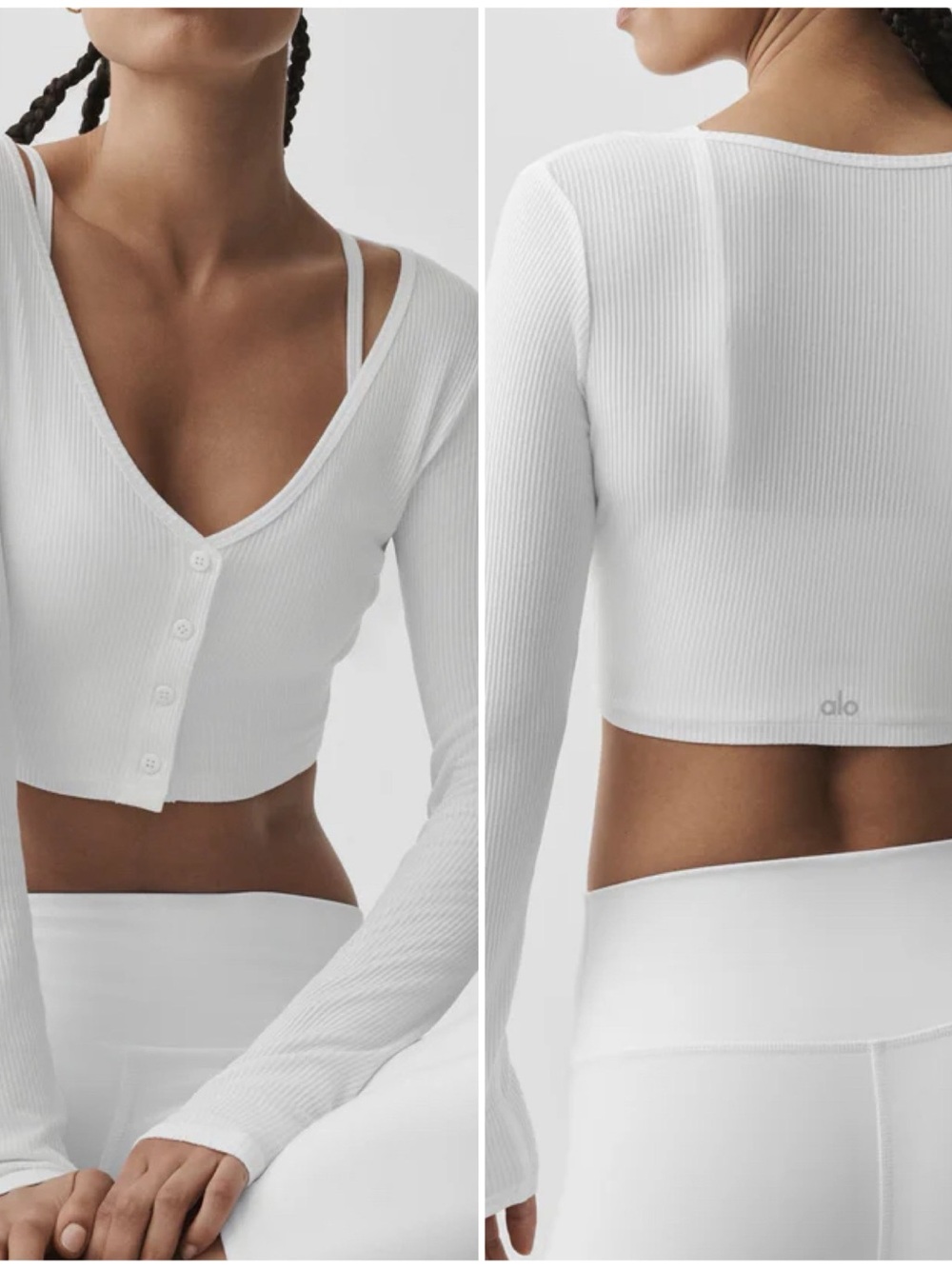 ALO Yoga Whisper White Ribbed Long-Sleeve Cropped Button Cardigan Top Small